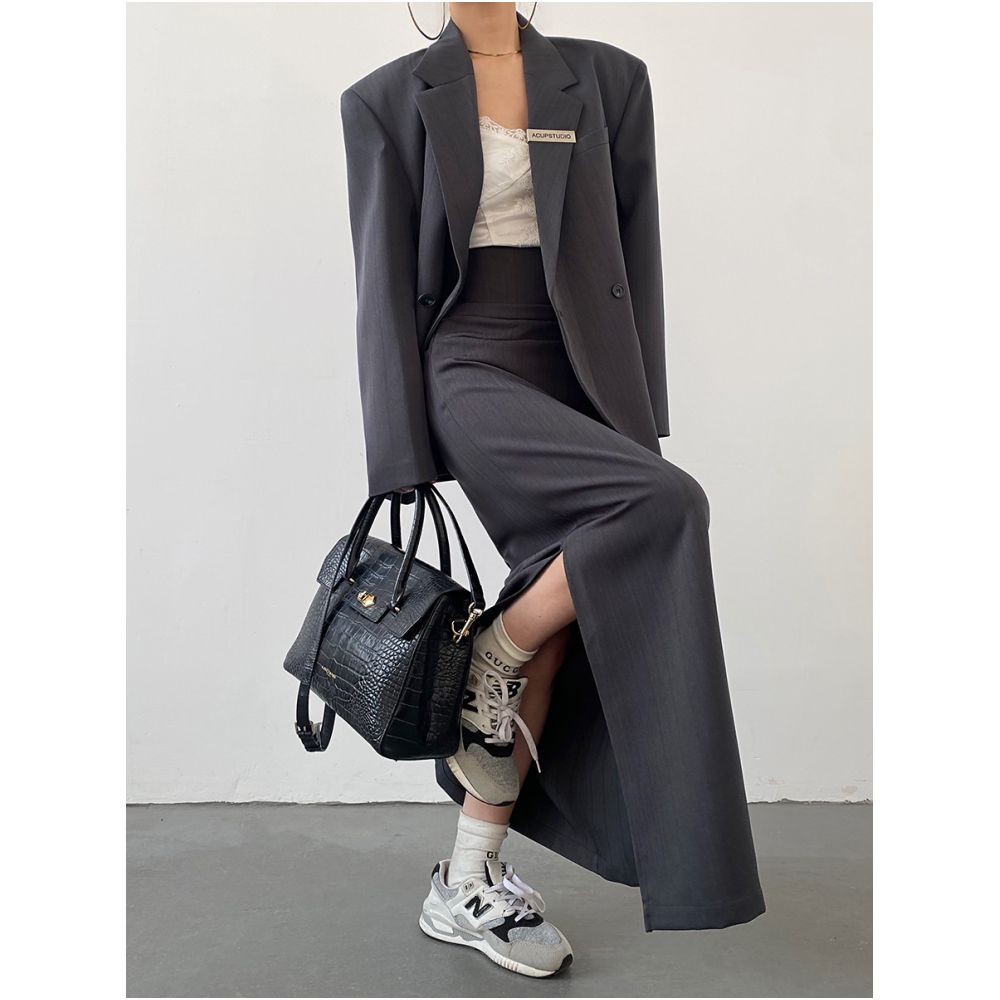 AcupStudio Jiang Youshang High waisted Pleated Slit Midi Skirt for Women Autumn Style Slimming A line Skirt image 2
