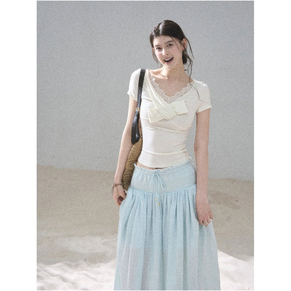 AOMALM s White Tea Under the Moonlight Korean Style V neck Lace Dress for Women Summer A line Puff Skirt Short Skirt image 2