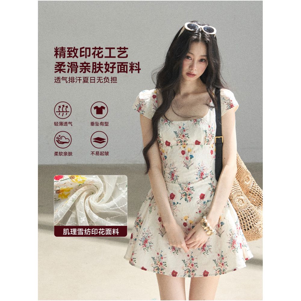 AOMALM s Blooming Flower French Chiffon Dress for Women Summer Puffy Floral Print Embroidered Mini Skirt image 1