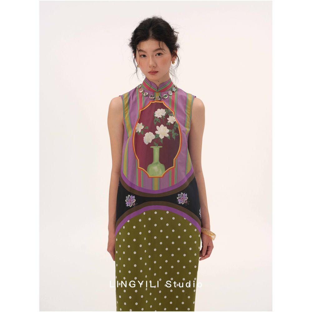 LINGYILI 2026 Summer Collection Original New Chinese Style Patchwork Print Casual Cheongsam image 0