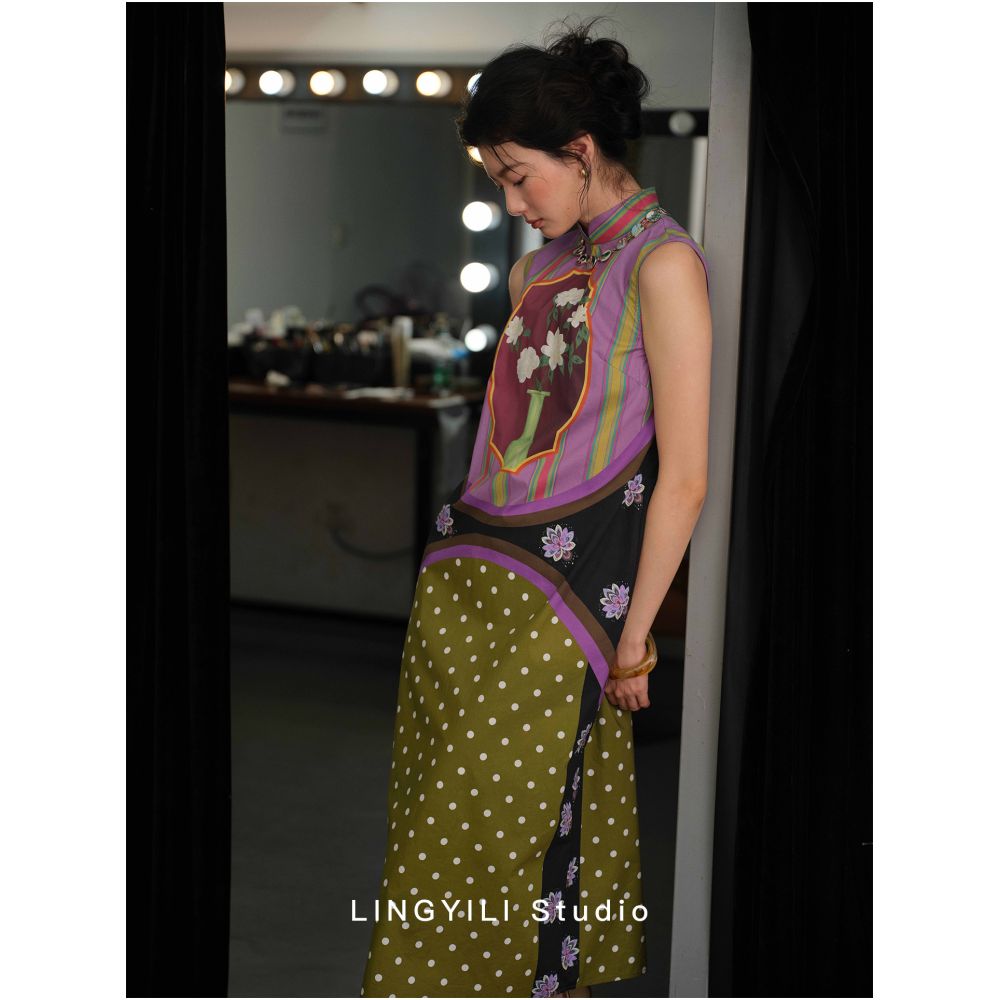 LINGYILI 2026 Summer Collection Original New Chinese Style Patchwork Print Casual Cheongsam image 2