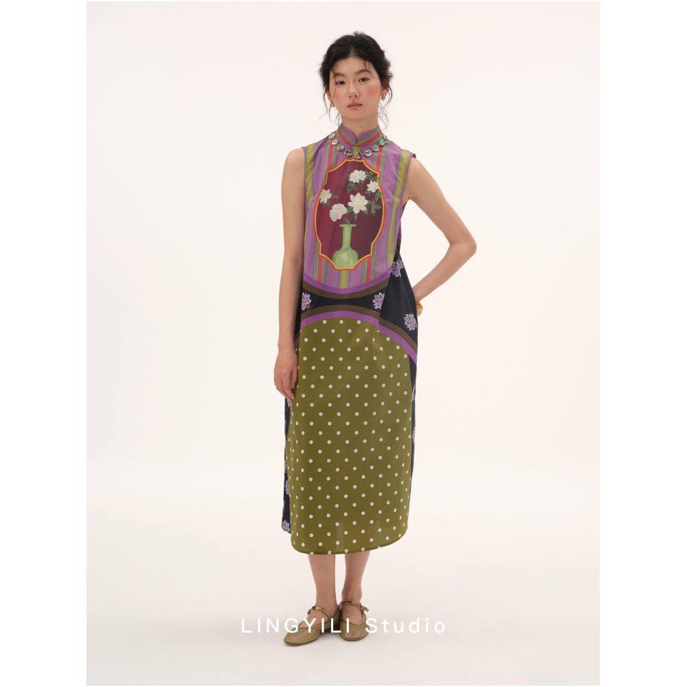 LINGYILI 2026 Summer Collection Original New Chinese Style Patchwork Print Casual Cheongsam image 3