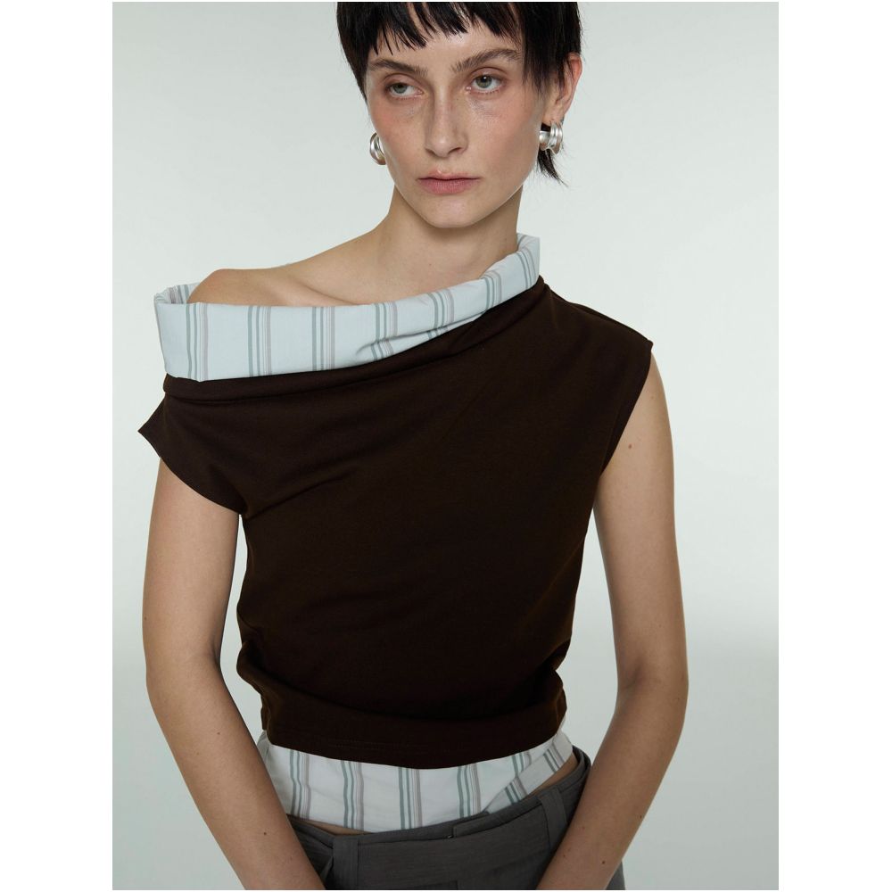 SIP CLASS Designer Brand Brown Wide Neckline Patchwork Sleeveless T Shirt Women s Summer Original Niche Short Top image 1