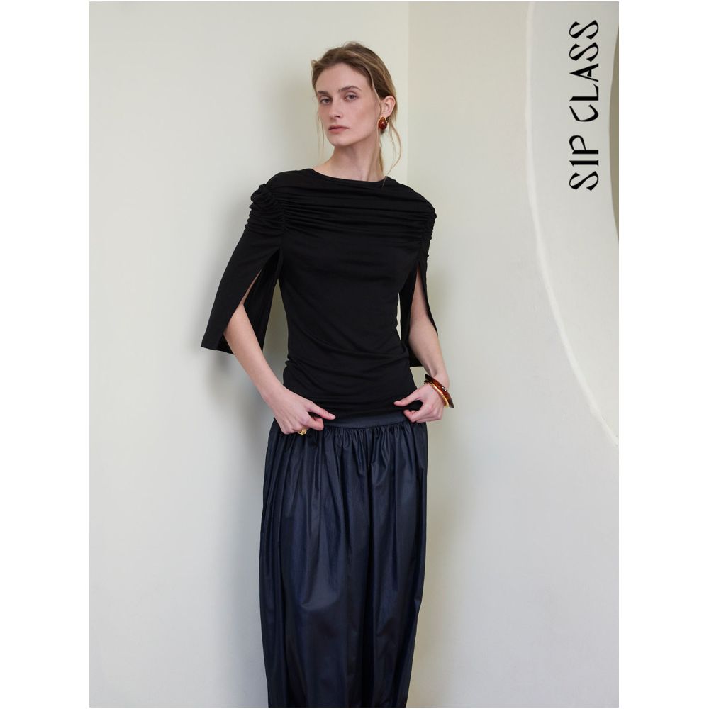 SIP CLASS Designer Brand Black Crew Neck Short Sleeve T Shirt Women s Top with Shoulder Pleats Slimming Waist and Mid Length Sleeves image 0