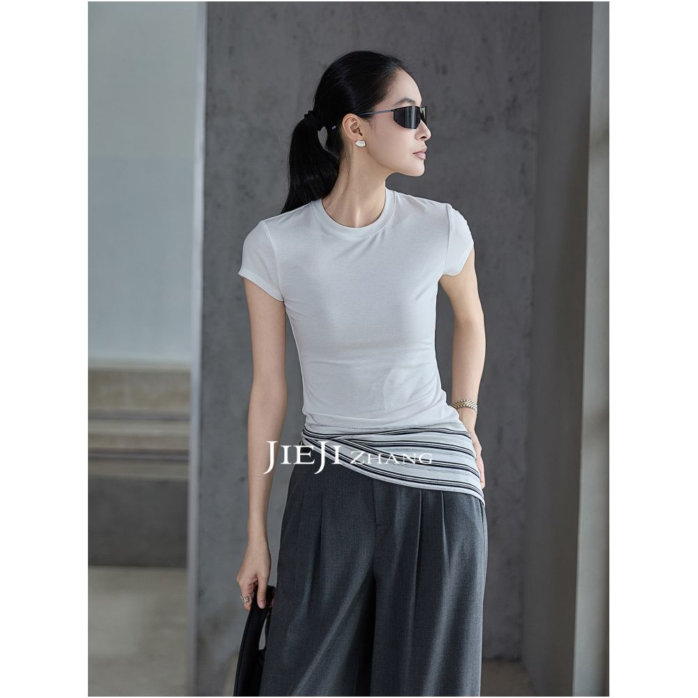 Zhang Qi JIEJI Summer Retro Striped Patchwork Asymmetrical Hem Elegant Top Tencel Acetate Round Neck Women s Short Sleeve T Shirt image 2