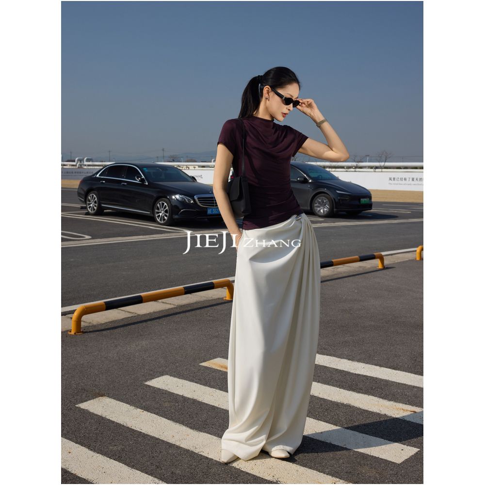 Zhang Qi JIEJI Summer Lyocell High End Custom Fashionable Versatile High Neck Irregular Short Sleeve T Shirt image 1