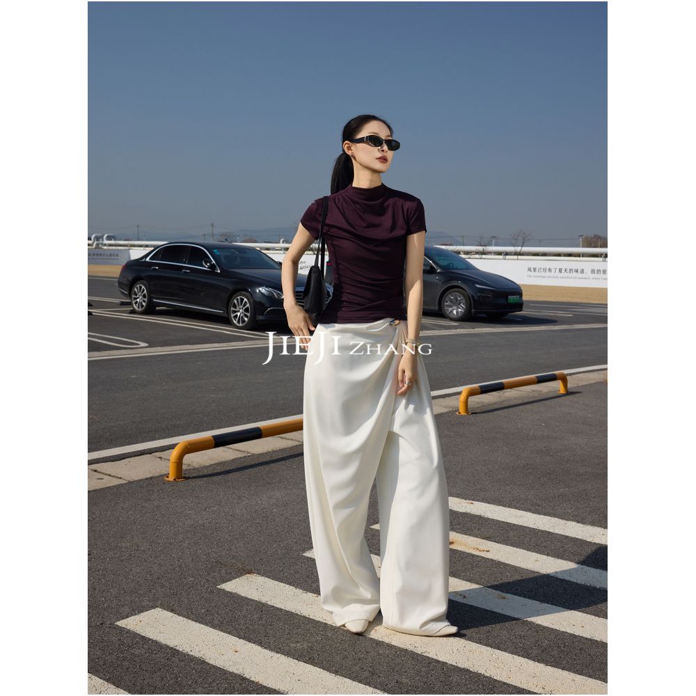 Zhang Qi JIEJI Summer Lyocell High End Custom Fashionable Versatile High Neck Irregular Short Sleeve T Shirt image 2