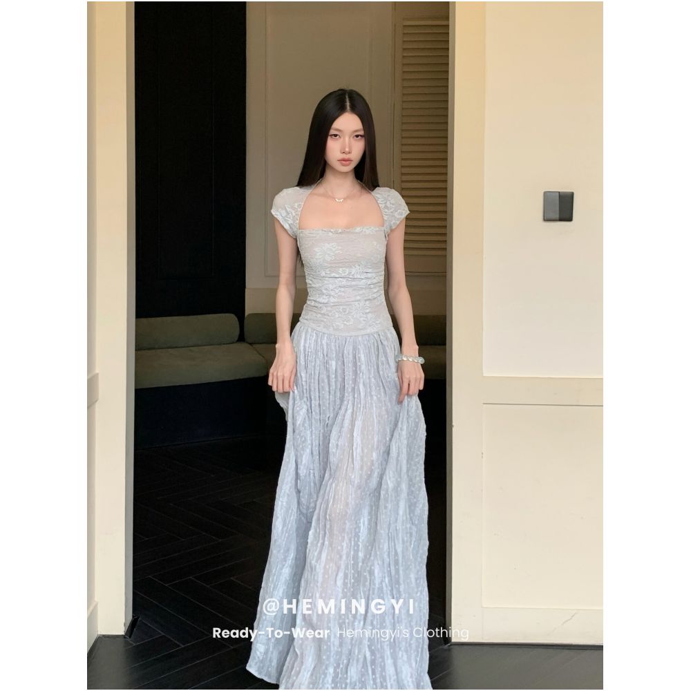 HeMingYi s Cool Sea Salt Summer Style Square Neck Slim Waist Lace Patchwork Long Short Sleeve Dress image 4