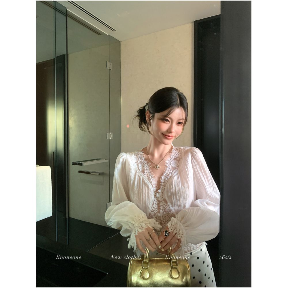 LINONEONE s Exquisite White Floral Tencel Sheer Shirt with Eyelash Lace Trim Slimming Top image 1