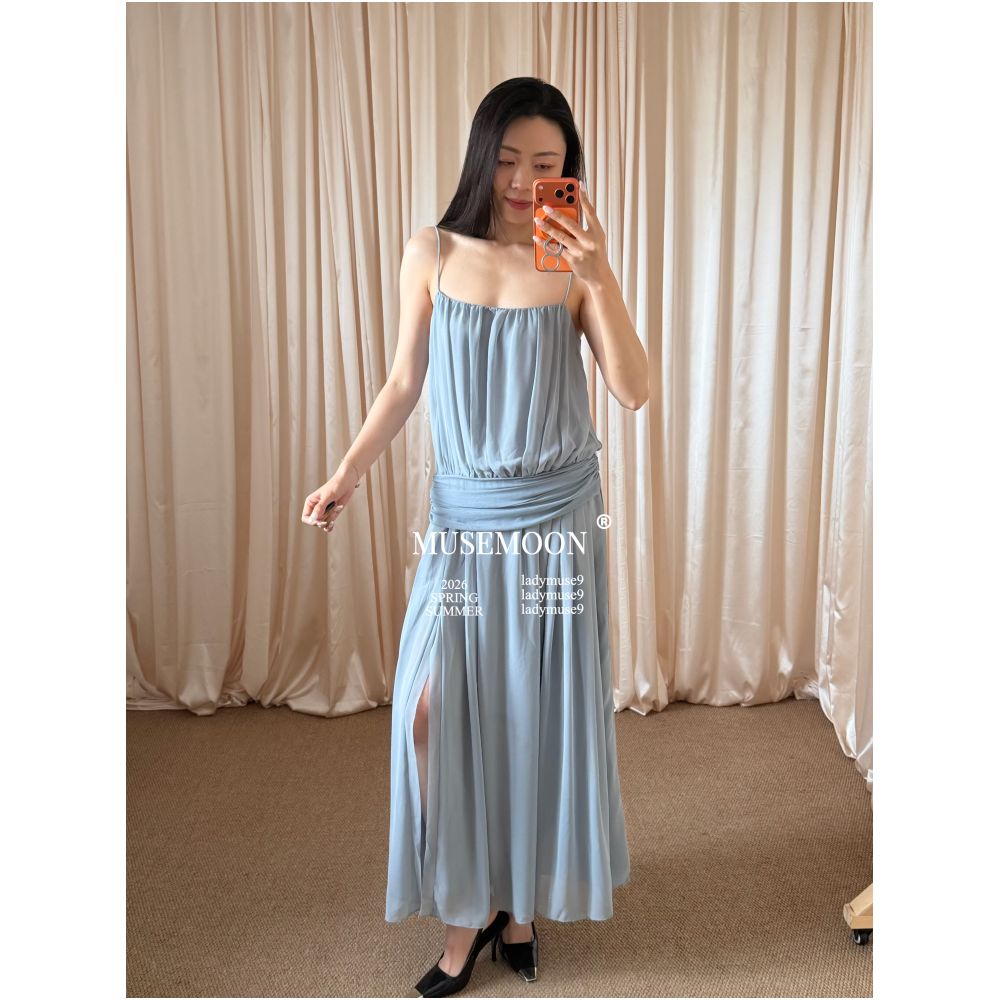 2 9MUSEMOON Australian BEC Misty Blue Flowy Waist cinching Slip Dress Exudes a Cool Relaxed and Elegant Feel image 0