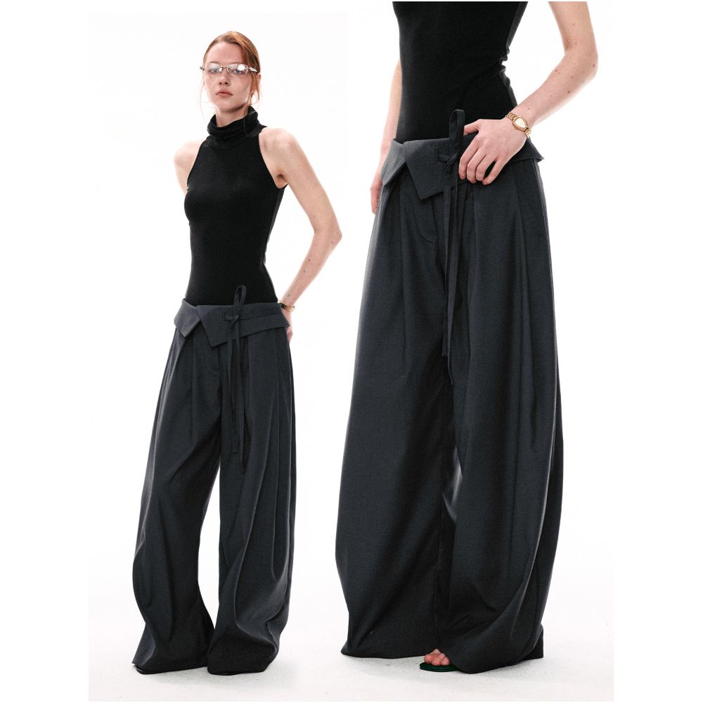 SINGLE MOMENT 26SS French style versatile wide leg trousers with cuffed hem and drawstring waist for women image 1