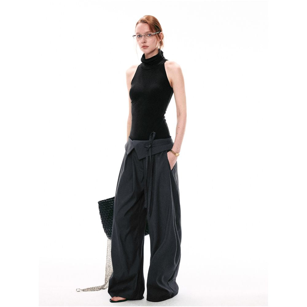 SINGLE MOMENT 26SS French style versatile wide leg trousers with cuffed hem and drawstring waist for women image 2