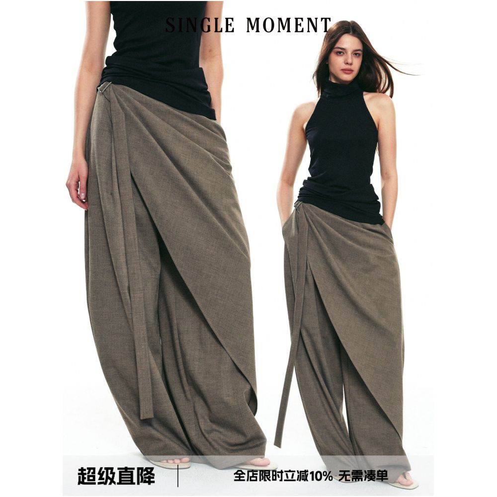SINGLE MOMENT 25SS Autumn New Style Wool Blend Multi Layer Ribbon Casual Wide Leg Trousers for Women image 0