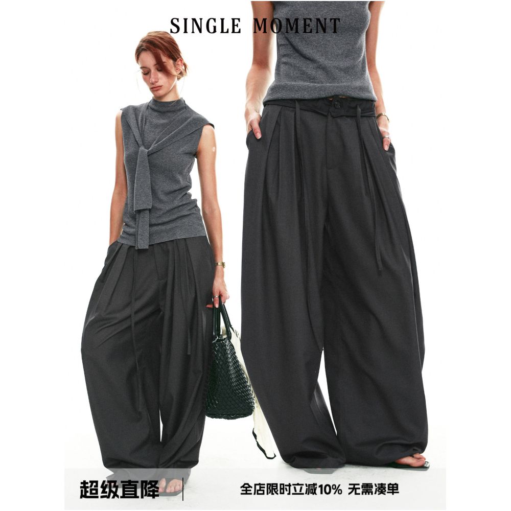 SINGLE MOMENT 26SS French Summer Style Ruffled Lace Color Block Waistband Casual Wide Leg Trousers for Women image 0