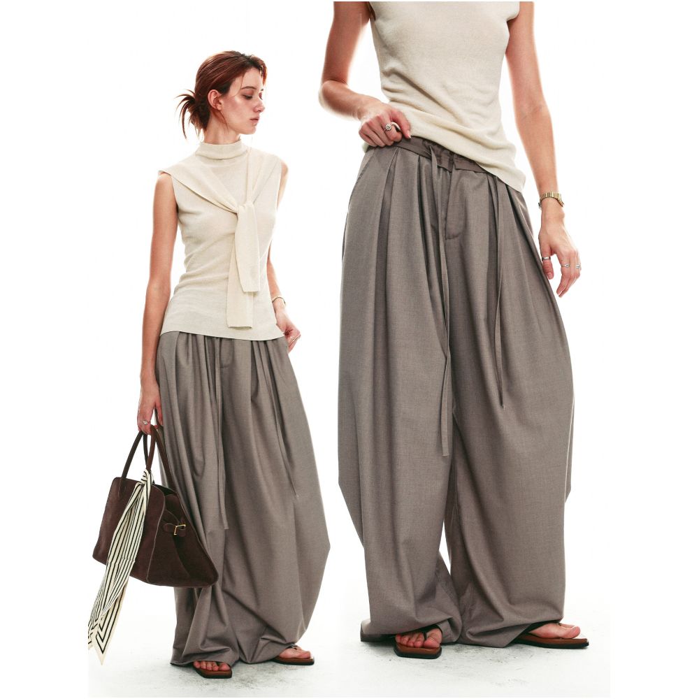 SINGLE MOMENT 26SS French Summer Style Ruffled Lace Color Block Waistband Casual Wide Leg Trousers for Women image 1