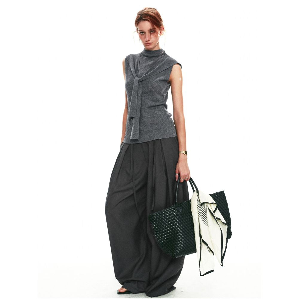 SINGLE MOMENT 26SS French Summer Style Ruffled Lace Color Block Waistband Casual Wide Leg Trousers for Women image 3