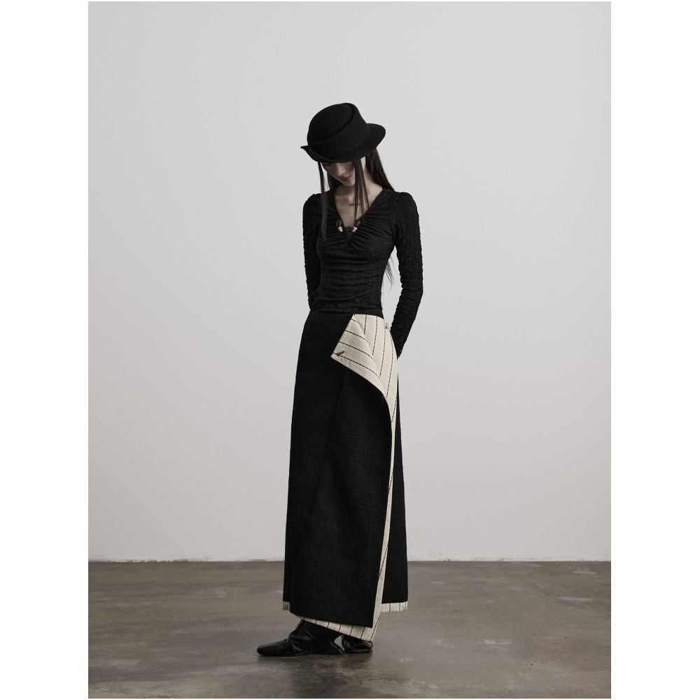 INDULGE Black and White Double Layer Patchwork Irregular Patchwork Midi Skirt for Women Straight Long Skirt image 1