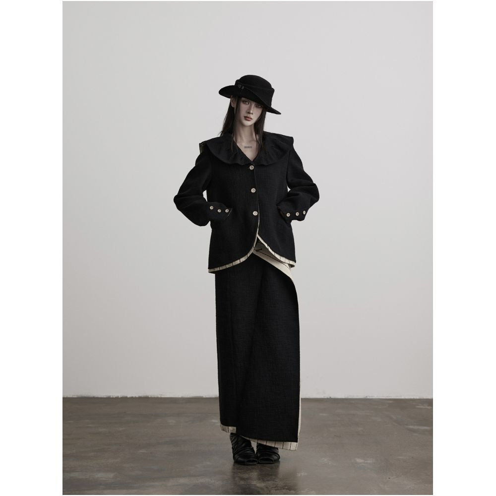 INDULGE Black and White Double Layer Patchwork Irregular Patchwork Midi Skirt for Women Straight Long Skirt image 3