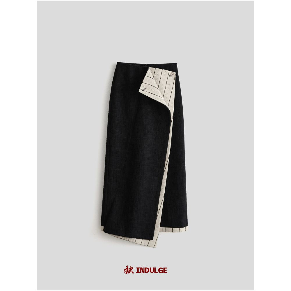 INDULGE Black and White Double Layer Patchwork Irregular Patchwork Midi Skirt for Women Straight Long Skirt image 4