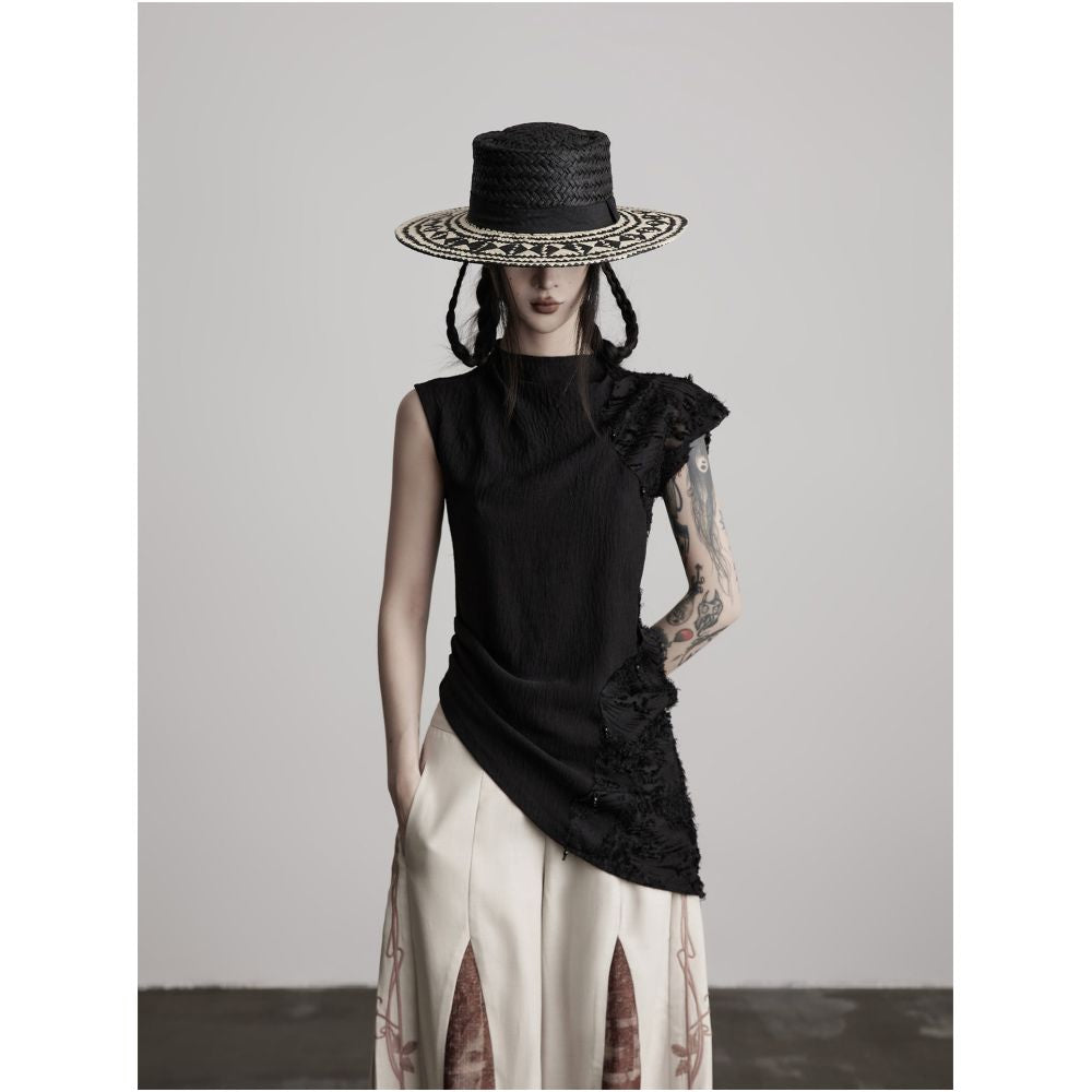 INDULGE Jacquard Patchwork Beaded Vest Irregular Slanted Hem Slim Fit Black T shirt image 0