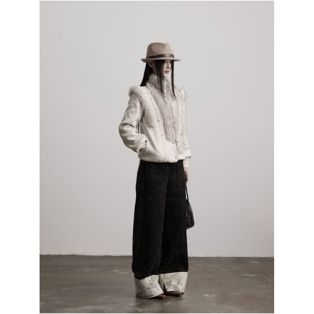 INDULGE Amber Wool Semi Elastic Embroidered Appliqu Rolled Hem Curved Straight Leg Casual Wide Leg Trousers for Women image 1