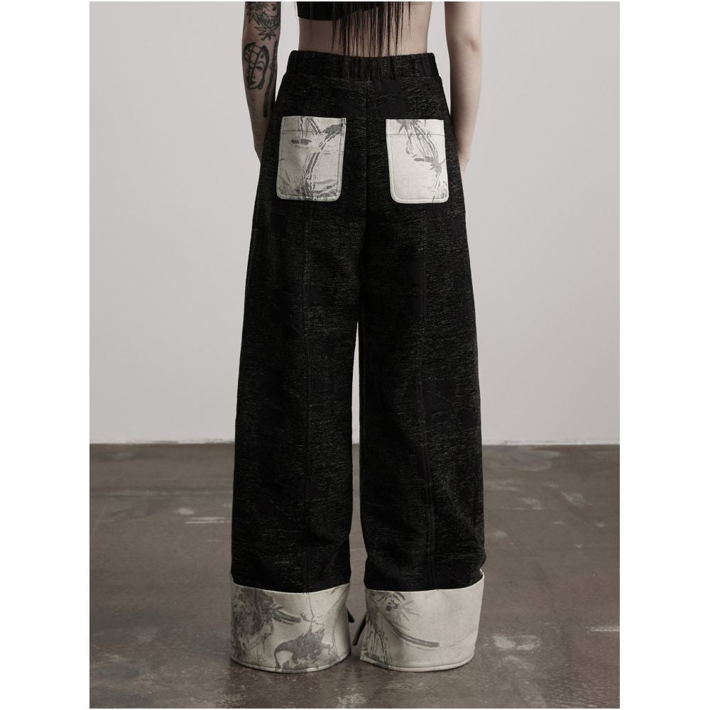 INDULGE Amber Wool Semi Elastic Embroidered Appliqu Rolled Hem Curved Straight Leg Casual Wide Leg Trousers for Women image 3