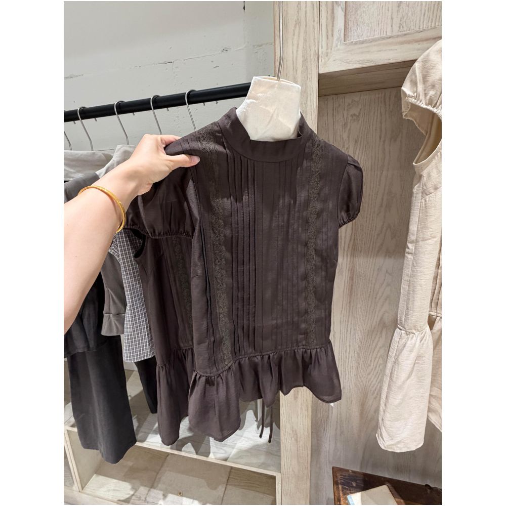 STUDIO s New Year s Greeting Coffee Brown High Neck Lace Puff Sleeve Blouse for Women with a Retro and High End Feel and Pleated Design image 1