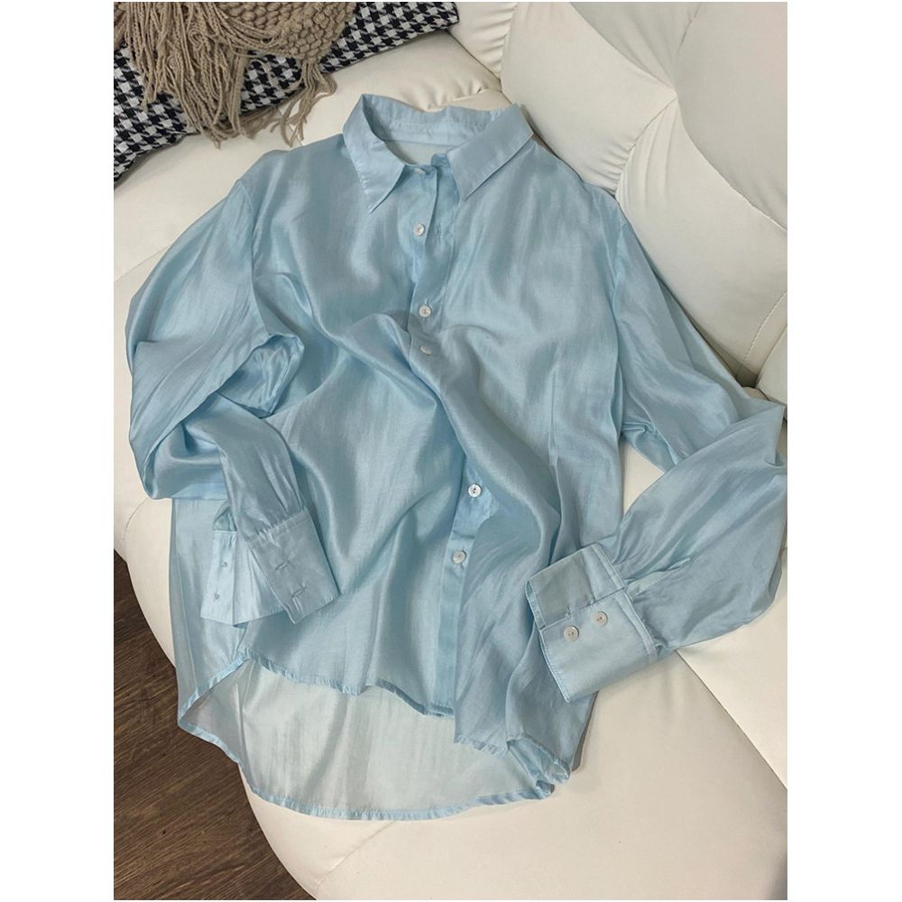 Shenzhen Nanyou high end brand women s blue loose fitting slimming collared Tencel shirt thin sun protection shirt air conditioning shirt image 1