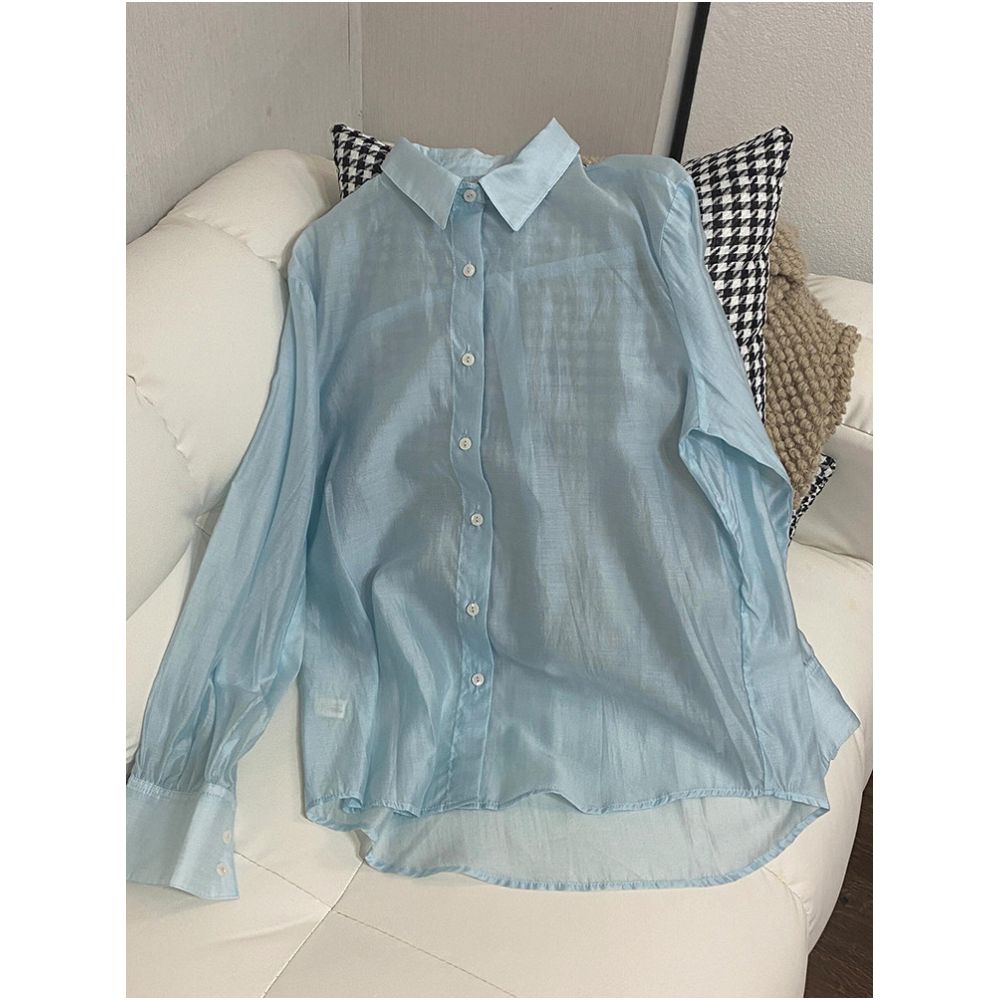 Shenzhen Nanyou high end brand women s blue loose fitting slimming collared Tencel shirt thin sun protection shirt air conditioning shirt image 2