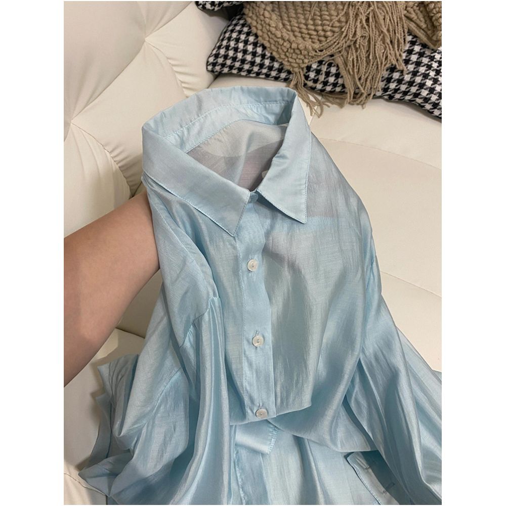 Shenzhen Nanyou high end brand women s blue loose fitting slimming collared Tencel shirt thin sun protection shirt air conditioning shirt image 4