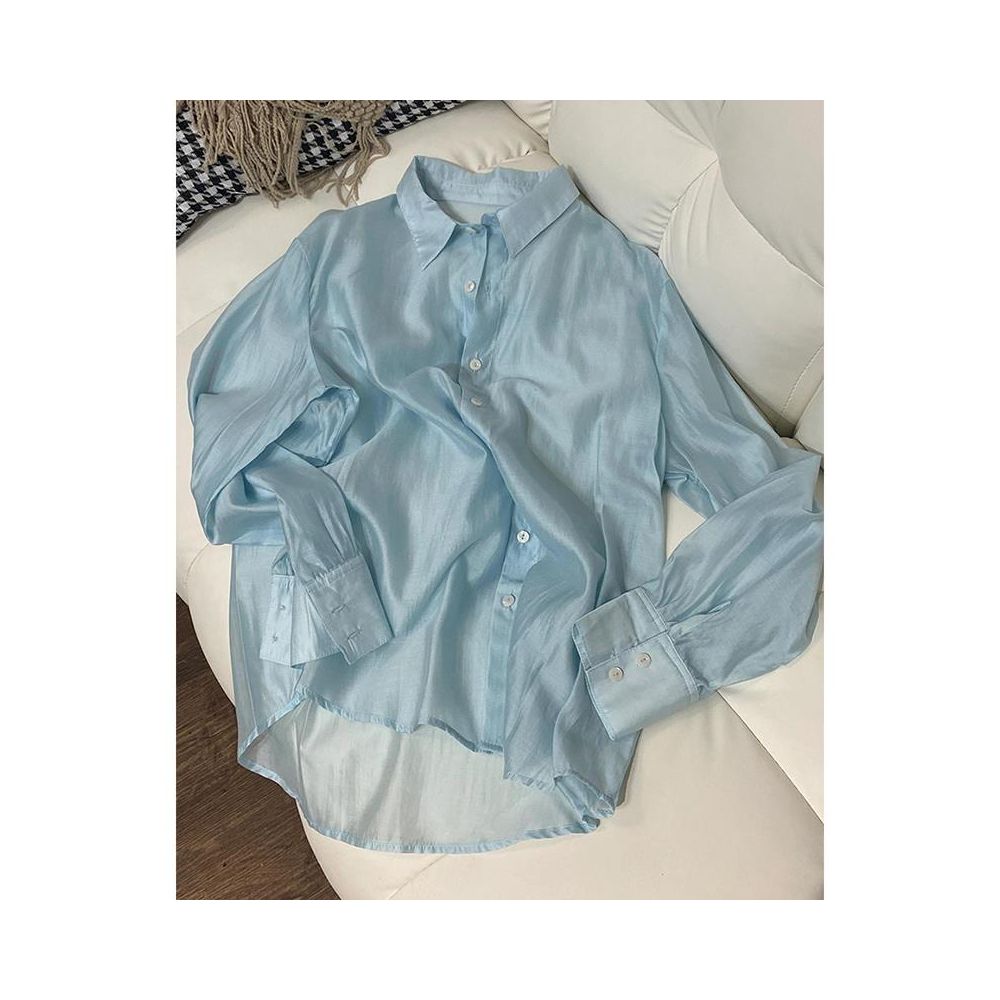 ASAYA7592 – Airy Sheer Satin Shirt 🩵✨