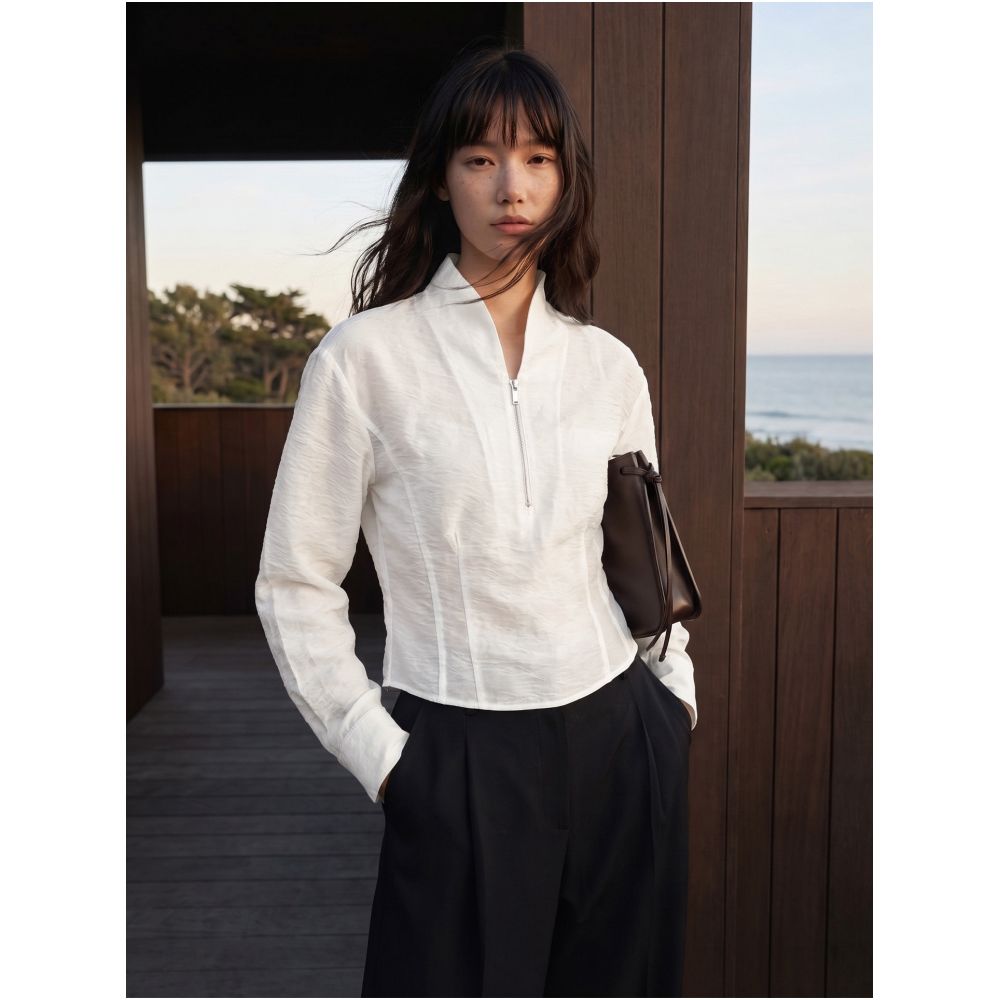 COMMON VALUE Cloud Slimming Spring Zen Inspired Collar Half Zipper Top Smart and Slim Fit White Shirt image 0