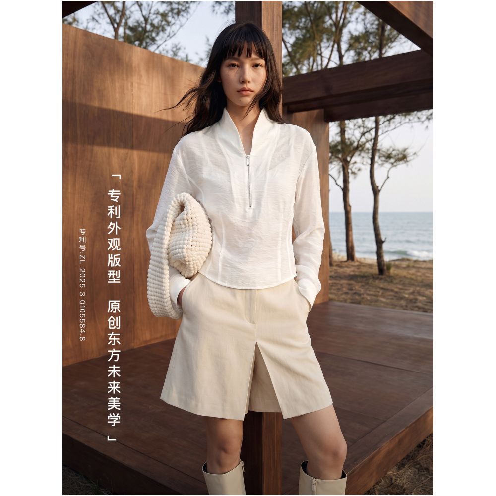 COMMON VALUE Cloud Slimming Spring Zen Inspired Collar Half Zipper Top Smart and Slim Fit White Shirt image 1