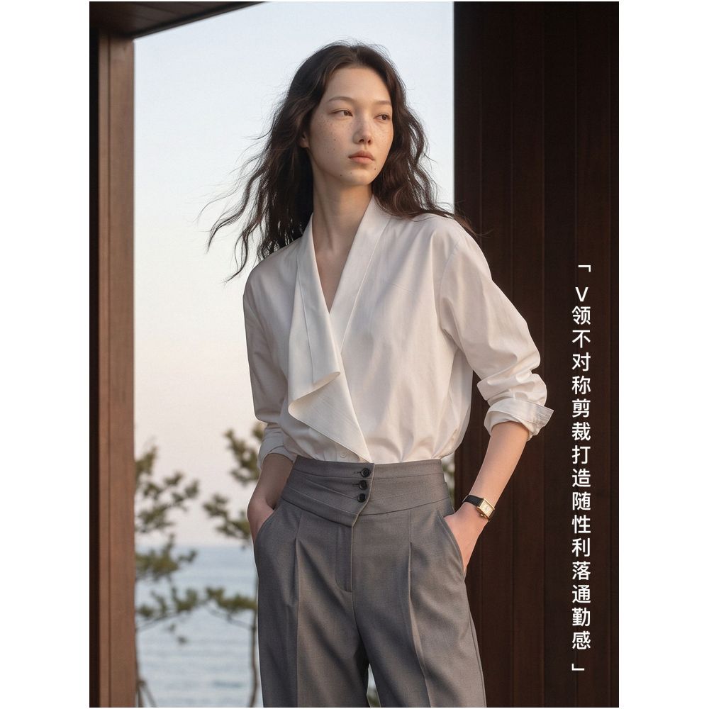 COMMON VALUE Xi Shan Yin Autumn Vintage Style Irregular Long Sleeved Niche White Shirt for Women image 1
