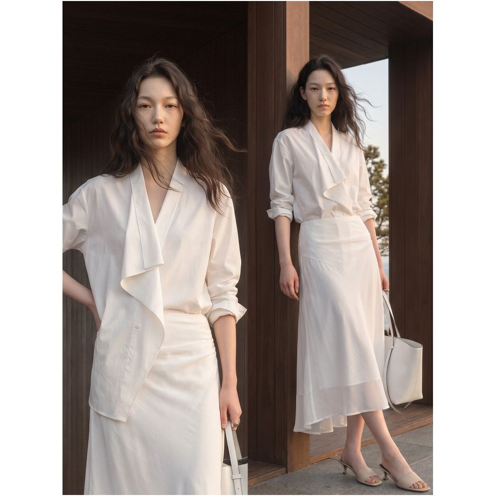 COMMON VALUE Xi Shan Yin Autumn Vintage Style Irregular Long Sleeved Niche White Shirt for Women image 2