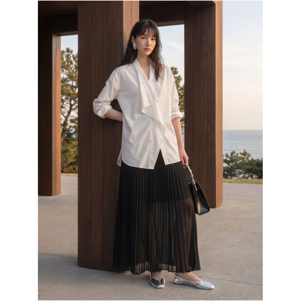 COMMON VALUE Xi Shan Yin Autumn Vintage Style Irregular Long Sleeved Niche White Shirt for Women image 3