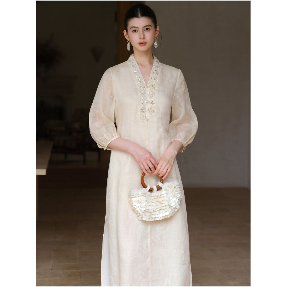 First Zen 100 Ramie New Chinese Style Dress for Women Summer New Style Chinese Style Zen Temperament Beaded Lantern Sleeve Long Dress image 3