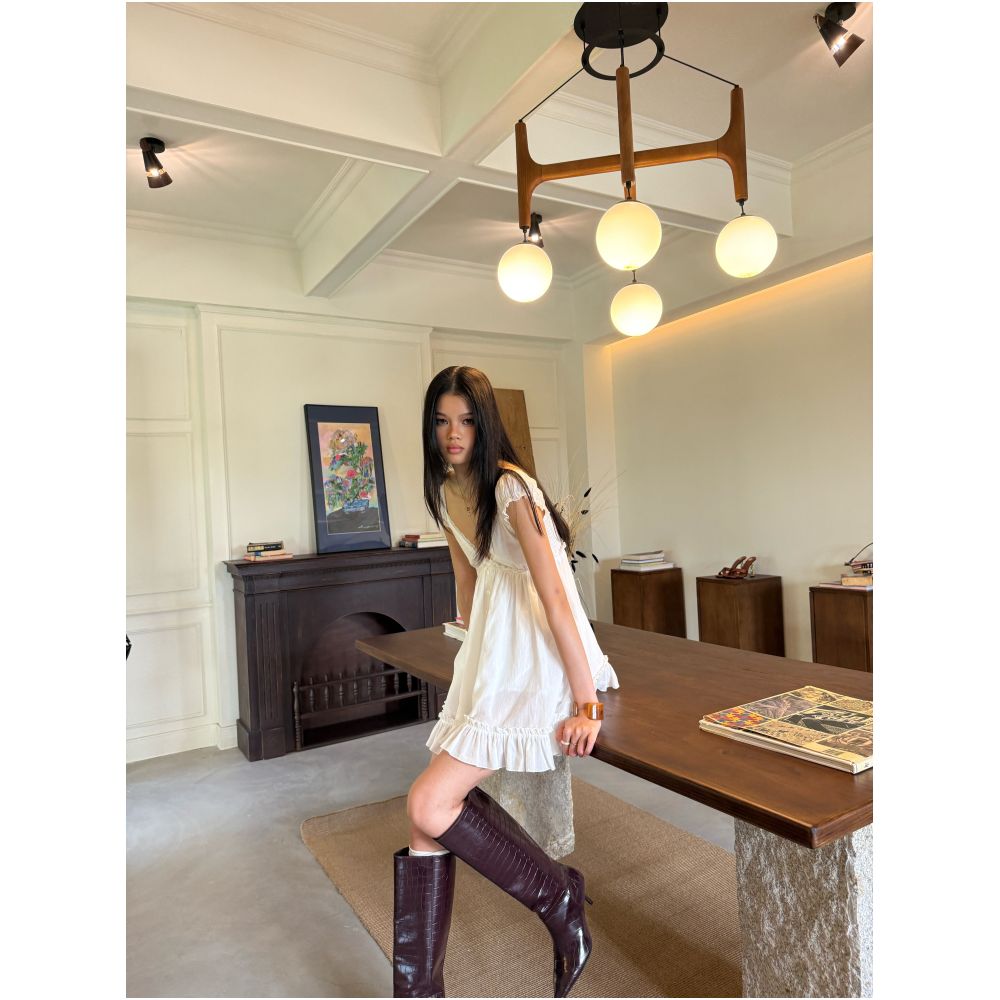 Audwyn French V neck irregular hem dress babydoll style off the shoulder lace top ruffled short sleeve skirt image 2