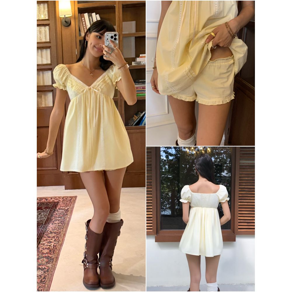 Audwyn Peter Pan Collar Dress A line Puff Sleeve Top Loose Short Skirt and Flower Tulip Safety Shorts Two Piece Set image 3