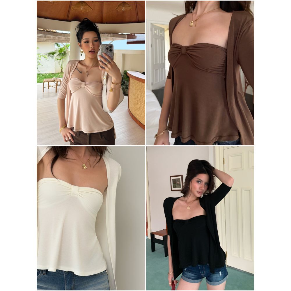 Audwyn two piece strapless cardigan set for women exuding a gentle and elegant temperament slimming and versatile cool and sun protective long sleeved T shirt image 3