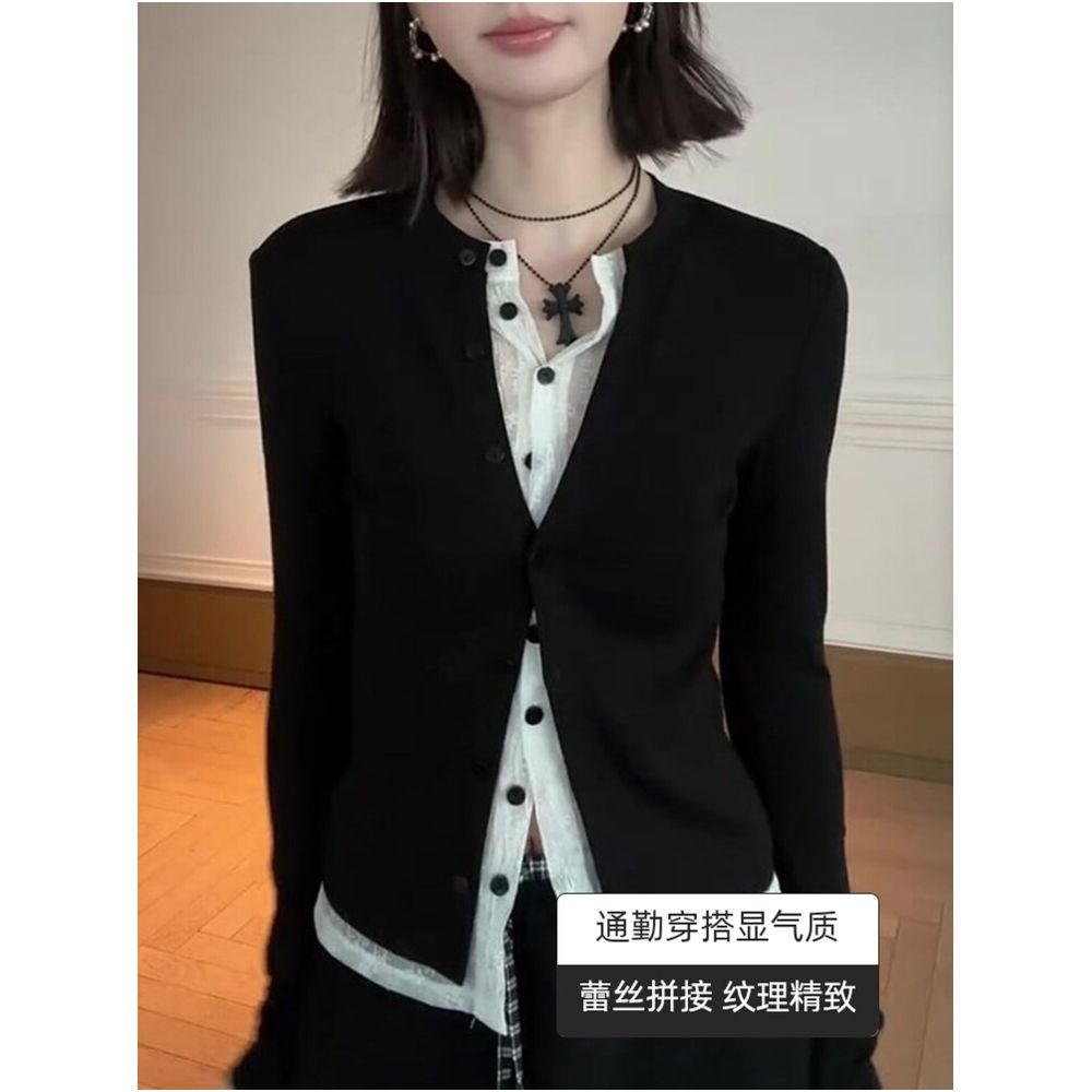 Korean style color blocked lace trimmed black faux two piece long sleeved top for women new autumn 2026 fashion design image 0
