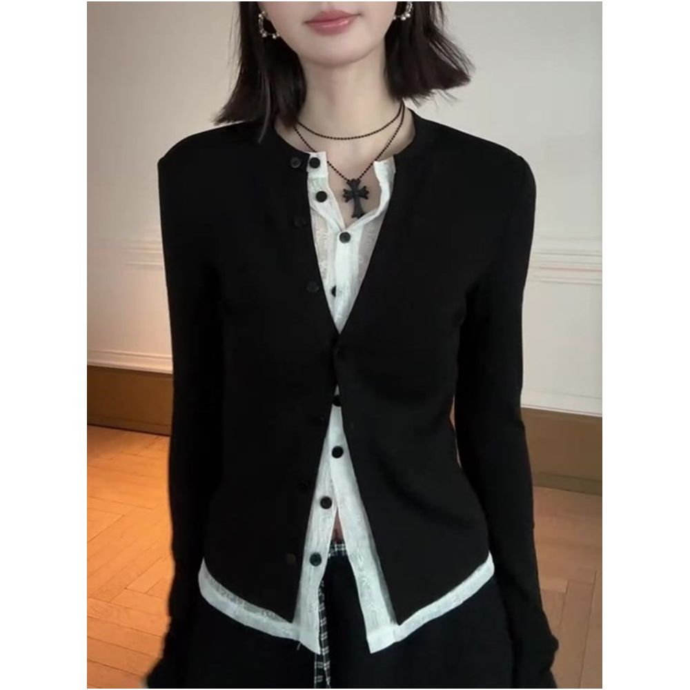 Korean style color blocked lace trimmed black faux two piece long sleeved top for women new autumn 2026 fashion design image 2