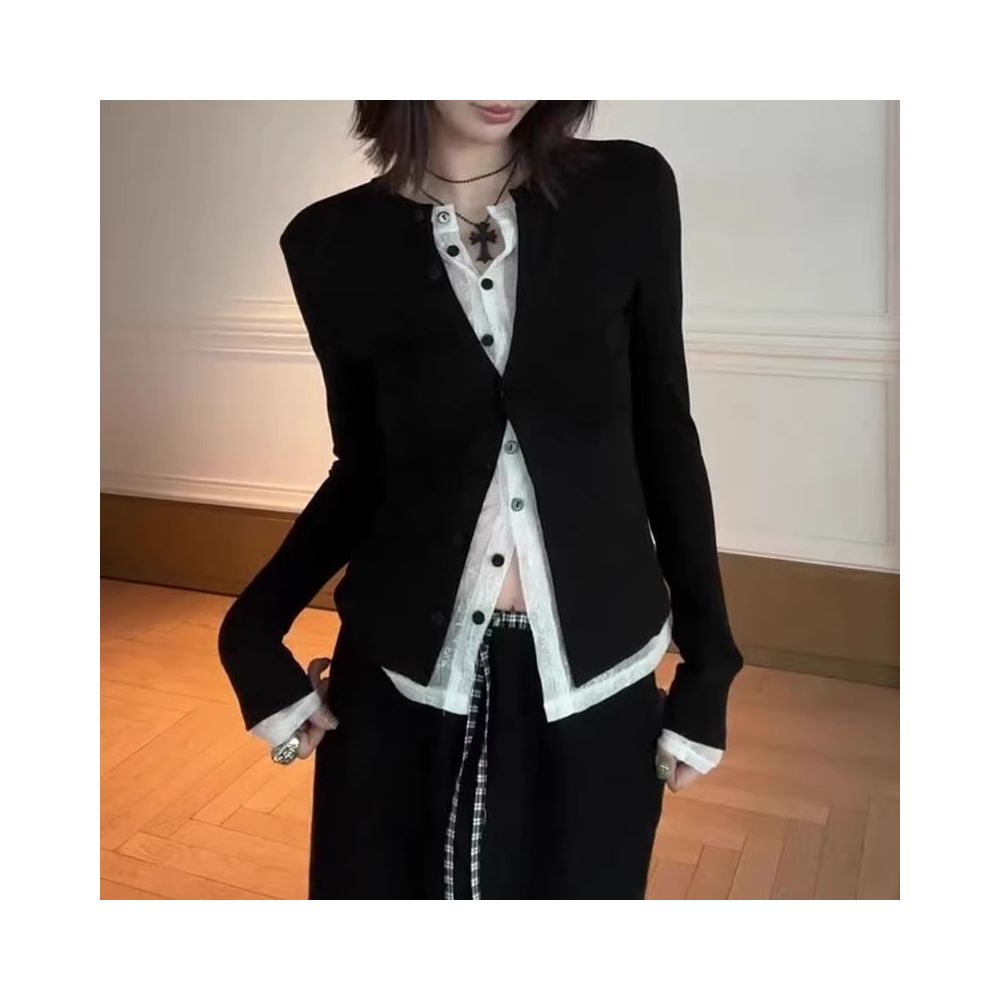 ASAYA7619 – Noir Layered Illusion Cardigan 🖤🤍