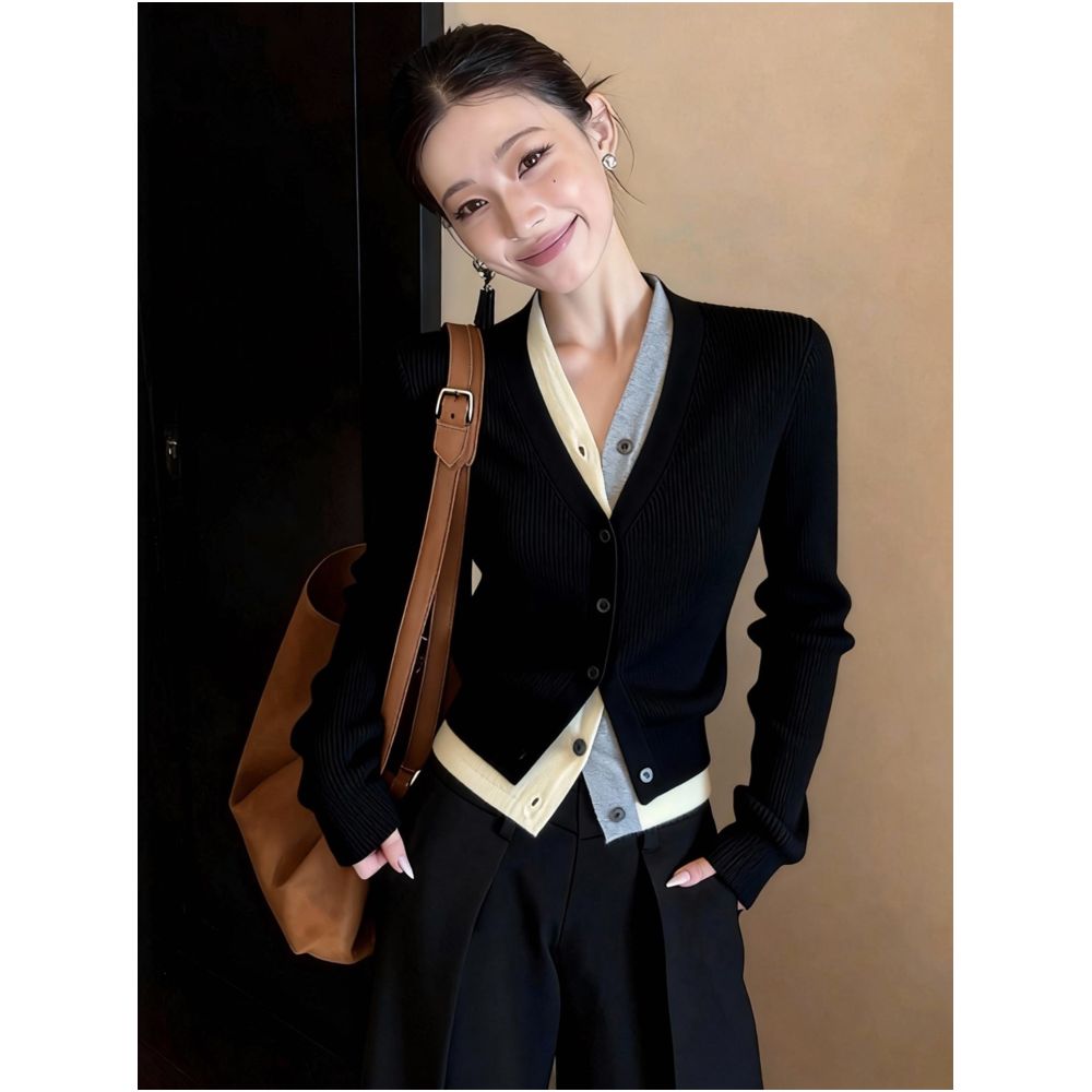 High end black faux two piece knit cardigan long sleeved slim fit suitable for commuting new style for winter 2026 fashionable and versatile image 1