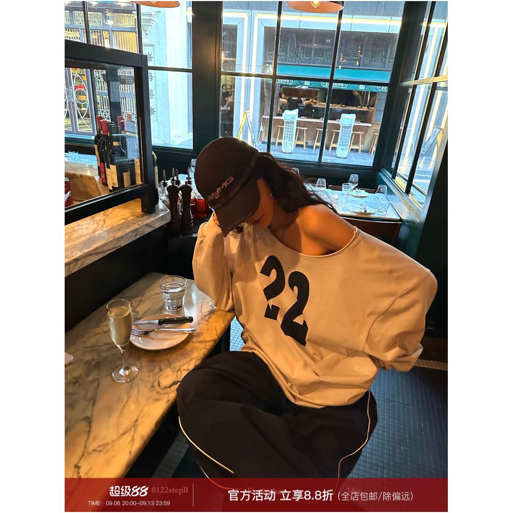 0122stepll Reimagines American High Street Style Gray Off Shoulder Sweatshirt for Women Autumn Lazy Loose Design One Shoulder Top image 0