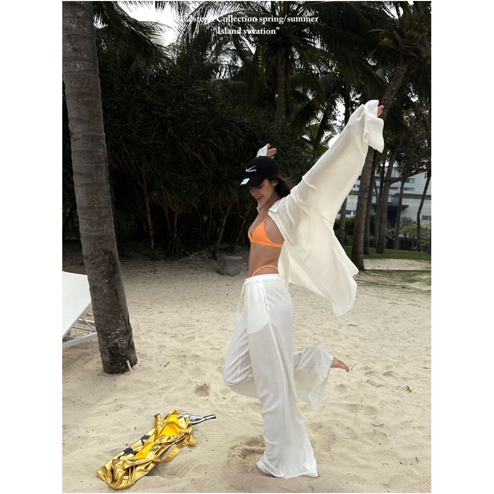 0122stepll Born for Chill White Linen Shirt Cover Up Loose fitting Casual Pants Set image 2