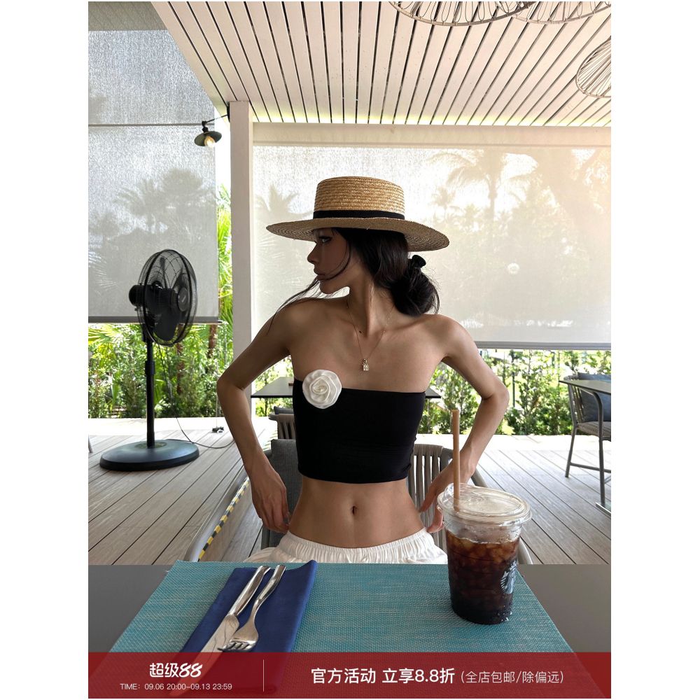 0122stepll Camellia Blossom Black Strapless Top for Women Sexy Summer Backless Sleeveless Tank Top image 0