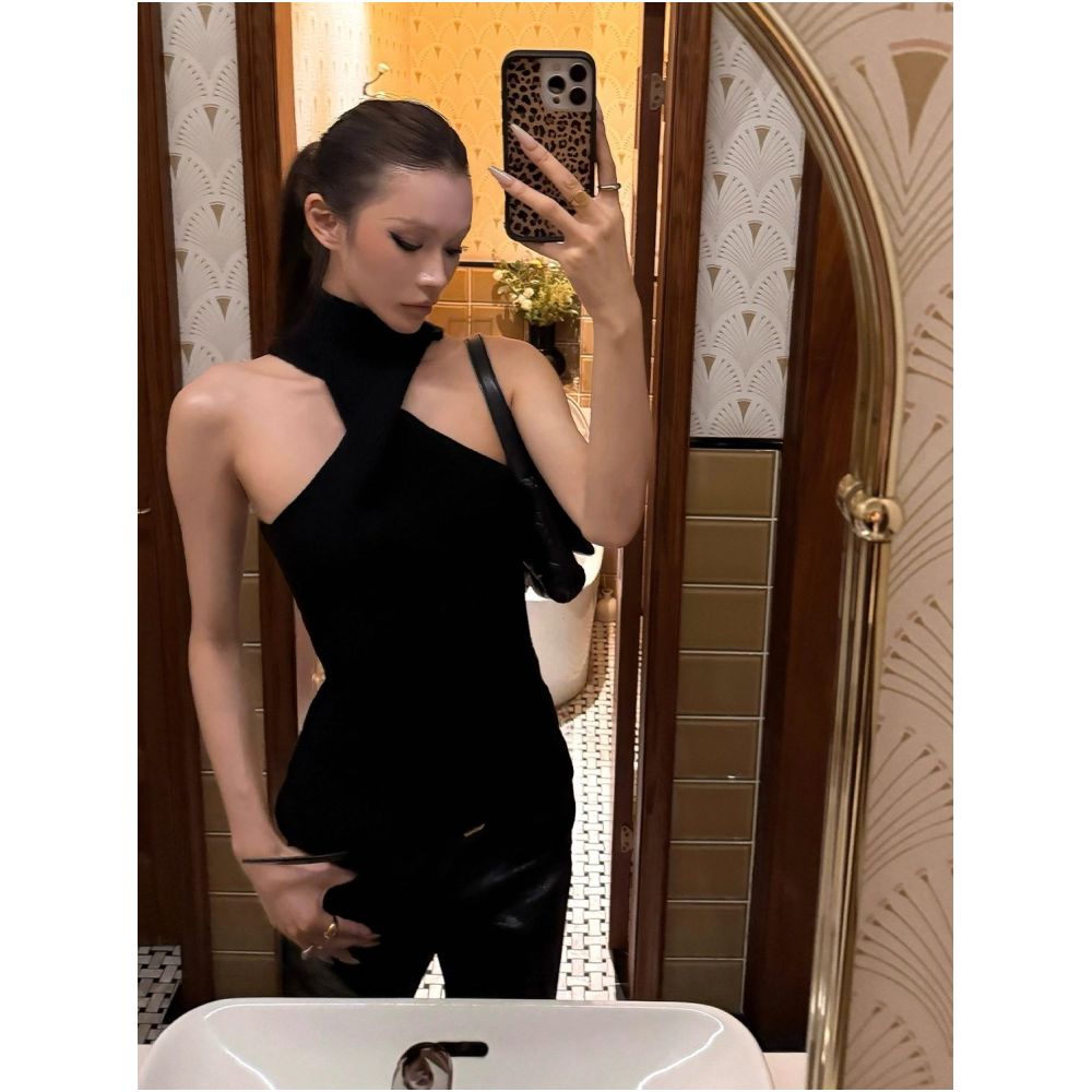 0122stepll Hunting Moment Black Halter Vest for Sexy Women Slim Fit Off Shoulder Knit Top image 1