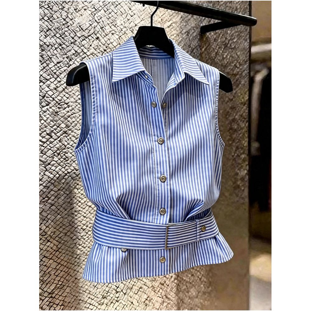 Summer 2026 New Fashionable Casual Super Beautiful High End Design Loose Blue Striped Sleeveless Shirt image 1