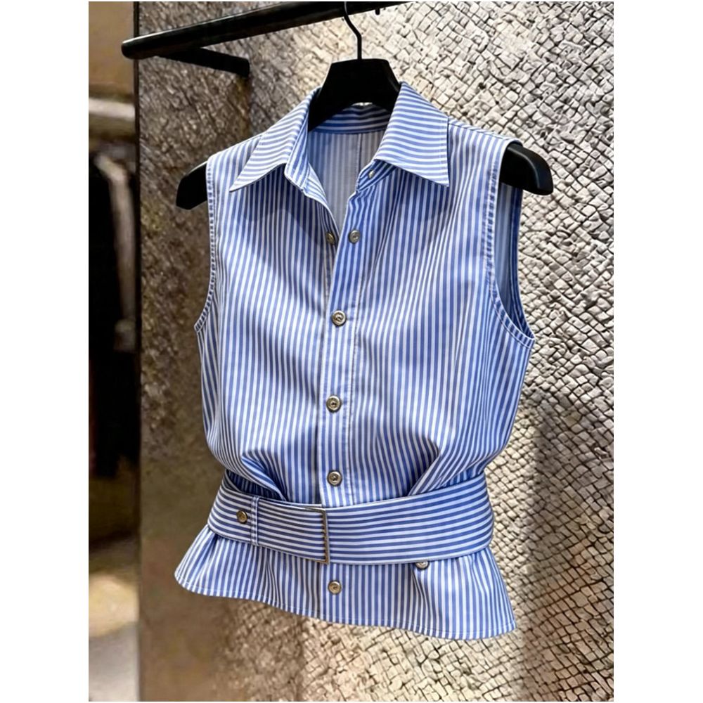 Summer 2026 New Fashionable Casual Super Beautiful High End Design Loose Blue Striped Sleeveless Shirt image 2